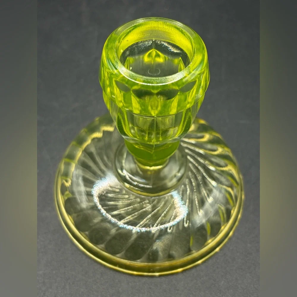 Vintage Vaseline Uranium Optic Twist Glass Candlestick Candle Holder Collectible